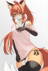 Rule 34 | 1boy, ahoge, an choby, animal ears, animal nose, black panties, black thighhighs, blush, bottomless, bulge, clothes pull, cowboy shot, crossdressing, embarrassed, fang, fox boy, fox ears, fox tail, furry, furry male, green eyes, hair ribbon, hand on own chest, highres, long hair, looking at viewer, male focus, off shoulder, open mouth, orange hair, original, panties, pink shirt, ponytail, ribbon, shirt, shirt pull, side-tie panties, simple background, tail, thighhighs, trap, underwear