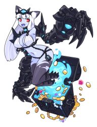 1girl arm_armor armor black_armor black_chain black_headband black_legs blue_fire blue_gemstone blue_jewel blue_skin blue_tongue bra breasts chain claws cleavage coin coins colored_extremities colored_skin colored_tongue diamond_(shape) fangs female_focus fire from_side full_body functionally_nude gem gold gold_coin gold_coins gold_necklace green_gemstone hair_ears hand_up headband huge_hands inu_fuji jewel jewelry large_breasts large_hands lock looking_at_viewer mechanical_arms mimic monster_girl mucate_(inu_fuji) navel necklace open_mouth original pearl_necklace pink_gemstone pink_jewel purple_gemstone red_eyes simple_background teeth treasure treasure_chest underwear upper_teeth_only white_background white_bra white_hair