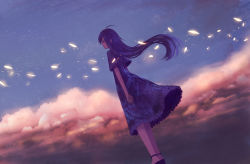 Rule 34 | 1girl, ahoge, arms at sides, clenched hand, cloud, dark, dress, dutch angle, light particles, long hair, looking afar, original, purple hair, sakimori (hououbds), sky, solo, star (sky), twilight, wind