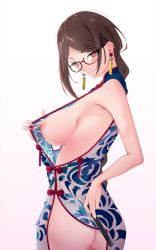 Rule 34 | 1girl, ass, bare shoulders, blue dress, blush, braid, braided ponytail, breasts, brown eyes, brown hair, china dress, chinese clothes, clothes pull, dress, dress pull, earrings, fate/grand order, fate (series), glasses, highres, jewelry, large breasts, long hair, looking back, nail polish, nipples, no num21, one breast out, single braid, smile, tassel, tassel earrings, very long hair, white background, yu mei-ren (fate), yu mei-ren (spare the idle talk) (fate)
