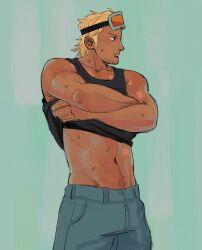 Rule 34 | 1boy, absurdres, alternate skin color, bara, black tank top, blonde hair, dark-skinned male, dark skin, denim, facial hair, goggles, highres, jakkenpoy, jeans, lifted by self, long sideburns, looking to the side, male focus, mature male, navel, navel hair, one piece, pants, paulie, short hair, sideburns, solo, stomach, stubble, sweat, tank top, toned, toned male, undressing
