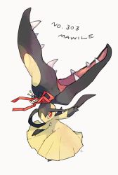 Rule 34 | character name, closed mouth, commentary request, creatures (company), game freak, gen 3 pokemon, highres, mawile, nigiri (ngr24), nintendo, orange eyes, pokedex number, pokemon, pokemon (creature), red ribbon, ribbon, signature, simple background, smile, white background