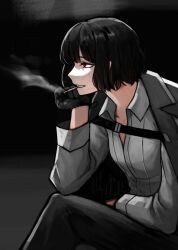 Rule 34 | 1girl, absurdres, badnick69 (camchi), black gloves, black hair, black jacket, black pants, bob cut, cigarette, collared shirt, commentary, dark background, gloves, head on hand, highres, jacket, jacket on shoulders, korean commentary, limbus company, long sleeves, pants, project moon, red eyes, ryoshu (project moon), shirt, short hair, sitting, smoke, smoking, solo, teeth, white shirt, wing collar
