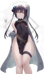 Rule 34 | 1girl, bare legs, bare shoulders, black dress, black hair, blazer, blue archive, braid, braided bun, breasts, butterfly hair ornament, china dress, chinese clothes, closed mouth, double bun, dragon print, dress, grey eyes, groin, hair bun, hair ornament, halo, highres, jacket, kisaki (blue archive), long hair, looking at viewer, medium breasts, off shoulder, oni kanzei, pelvic curtain, print dress, short dress, simple background, sleeveless, sleeveless dress, small breasts, solo, thigh strap, thighs, twintails, white background