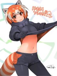 Rule 34 | 1girl, animal ears, black bow, black gloves, black pantyhose, black skirt, bow, bowtie, clothes lift, commentary request, dated, fur-trimmed sleeves, fur collar, fur trim, gloves, happa (cloverppd), kemono friends, kemono friends 2, pantyhose under shorts, lesser panda (kemono friends), lifting own clothes, long sleeves, looking at viewer, multicolored hair, navel, orange hair, panda ears, panda tail, pantyhose, shirt lift, short hair, shorts, skirt, smile, solo, white hair