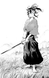 Rule 34 | 1girl, absurdres, barefoot, blue eyes, breasts, closed mouth, commentary, day, hair between eyes, hakama, hakama skirt, half-closed eyes, highres, hip vent, holding, holding sword, holding weapon, japanese clothes, katana, kimono, long sleeves, looking at viewer, medium breasts, monochrome, niwarhythm, original, outdoors, ponytail, simple background, skirt, smile, solo, standing, sword, weapon, white background, wide sleeves