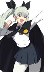 Rule 34 | 10s, 1girl, :d, accio, anchovy (girls und panzer), bad id, bad tumblr id, belt, black skirt, cape, dress shirt, drill hair, girls und panzer, green hair, hair ribbon, highres, long hair, long sleeves, looking at viewer, necktie, open mouth, pantyhose, red eyes, ribbon, school uniform, shirt, simple background, skirt, smile, solo, twin drills, twintails, uniform, white background, white pantyhose, white shirt