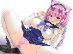 Rule 34 | 1girl, ahoge, akino hamo, anchor symbol, animal ears, black footwear, blouse, blue hair, blue neckwear, blue skirt, blunt bangs, blush, bow, braid, breasts, cat ears, cat girl, choker, colored inner hair, dress bow, eyewear on head, glasses, hairband, high-waist skirt, hololive, large breasts, loafers, long hair, long sleeves, looking at viewer, minato aqua, minato aqua (sailor), multicolored hair, open mouth, panties, paw pose, pink panties, pleated skirt, purple eyes, purple hair, sailor collar, shirt, shoes, simple background, skirt, smile, solo, spread legs, squatting, thighhighs, twin braids, two-tone hair, underwear, virtual youtuber, white background, white shirt, white thighhighs