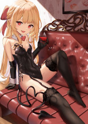 Rule 34 | 1girl, :d, alcohol, arm support, bare shoulders, black gloves, black leotard, black tail, black thighhighs, blonde hair, blunt bangs, blush, bow, bowtie, breasts, couch, cup, cupping glass, demon girl, demon tail, detached collar, drinking glass, earrings, elbow gloves, fang, feet, fine fabric emphasis, garter straps, gloves, hair bow, hand up, harutaruouob, heart, heart tail, highres, holding, holding cup, hoop earrings, indoors, jewelry, knee up, lace, lace-trimmed legwear, lace trim, leaning back, leotard, long hair, looking at viewer, on couch, open mouth, original, pointy ears, red bow, red bowtie, red eyes, revision, sidelocks, sitting, slit pupils, small breasts, smile, solo, strapless, strapless leotard, sunlight, tail, thighhighs, thighs, wine, wine glass, wooden floor, wrist cuffs