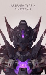 Rule 34 | absurdres, azzalea, beige background, character name, commentary, english commentary, gundam, gundam 00, gundam astraea type-x finsternis, highres, mecha, mobile suit, no humans, one-eyed, portrait, purple eyes, robot, science fiction, solo, v-fin