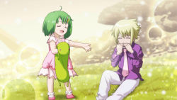 Rule 34 | 1boy, 1girl, blonde hair, brera sterne, brother and sister, child, dress, closed eyes, game cg, green hair, hair ornament, hairclip, harmonica, instrument, macross, macross frontier, music, official art, pink dress, playing instrument, ranka lee, short hair, siblings, singing, stuffed toy, uta macross sumaho deculture, aged down