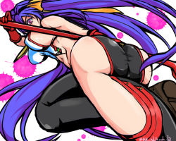 Rule 34 | 1girl, arc system works, artist request, ass, bare shoulders, blazblue, blazblue: central fiction, blazblue variable heart, blue hair, boots, bow, breasts, genderswap, genderswap (mtf), gloves, hair bow, hair ribbon, large breasts, long hair, looking at viewer, mai natsume, no bra, no panties, pants, polearm, ponytail, purple eyes, ribbon, shiny clothes, shiny skin, skin tight, solo, spear, very long hair, weapon