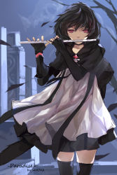 Rule 34 | 1girl, bad id, bad pixiv id, black hair, black thighhighs, cape, dress, english text, fingerless gloves, flute, gloves, highres, instrument, music, original, paradise, playing instrument, red eyes, short hair, solo, swd3e2, thighhighs, transverse flute, watermark