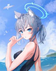 Rule 34 | 1girl, absurdres, ahoge, animal ear fluff, animal ears, arm at side, back, beach, bird, black one-piece swimsuit, blue archive, blue eyes, blue halo, blue sky, blurry, blurry background, blush, bright pupils, chiu538, commentary, competition swimsuit, covered erect nipples, cross hair ornament, day, eyelashes, finger to mouth, from side, grey hair, hair between eyes, hair ornament, halo, hand up, highres, index finger raised, lens flare, looking at viewer, medium hair, mismatched pupils, ocean, one-piece swimsuit, outdoors, parted lips, seagull, shiroko (blue archive), shiroko (swimsuit) (blue archive), short ponytail, sidelocks, sky, solo, swimsuit, tsurime, upper body, water drop, wet, wet clothes, wet swimsuit, white pupils, wolf ears