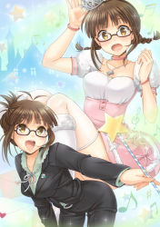 Rule 34 | 10s, 1girl, :d, :o, akizuki ritsuko, alternate hairstyle, antenna hair, bent over, blunt bangs, braid, breasts, brown eyes, brown hair, business suit, choker, courreges ace, cross, crown, dress, dual persona, folded ponytail, formal, glasses, hair bun, heart, idolmaster, idolmaster (classic), idolmaster 2, jewelry, medium breasts, musical note, necklace, open mouth, single hair bun, smile, sparkle, star (symbol), suit, thighhighs, twin braids, wand