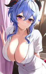 Rule 34 | 1girl, alternate breast size, alternate costume, arms behind back, black bra, blue hair, blush, bra, breasts, cleavage, closed mouth, curtains, dress, ganyu (genshin impact), genshin impact, goat horns, gradient eyes, hair between eyes, hand up, highres, horns, large breasts, looking at viewer, multicolored eyes, nurse, paid reward available, purple eyes, revision, short sleeves, sidelocks, smile, solo, sweat, tomas (kaosu22), underwear, white dress