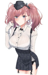 Rule 34 | 1girl, absurdres, atlanta (kancolle), blush, bra visible through clothes, breasts, brown hair, buttons, camouflage, collared shirt, cropped legs, earrings, garrison cap, garter straps, gloves, grey eyes, hat, headgear, highres, jewelry, kantai collection, large breasts, long sleeves, partially fingerless gloves, playing with own hair, shirt, simple background, skirt, solo, star (symbol), star earrings, suspender skirt, suspenders, tsukimura (d24f4z8j3t), twintails, two side up, white background, white gloves