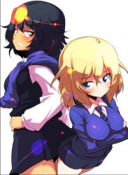 Rule 34 | 10s, 2girls, andou (girls und panzer), angry, back-to-back, bc freedom school uniform, black hair, black skirt, black vest, blonde hair, blue eyes, blue neckwear, blue sweater, brown eyes, closed mouth, commentary, crossed arms, dark-skinned female, dark skin, diagonal stripes, dress shirt, frown, girls und panzer, grimace, hand on own hip, highres, long sleeves, looking at another, looking at viewer, looking back, medium hair, messy hair, miniskirt, multiple girls, necktie, oshida (girls und panzer), pleated skirt, red neckwear, school uniform, shirt, simple background, skirt, standing, striped neckwear, sw (taco), sweater, sweater around neck, symbol-only commentary, vest, white background, white shirt, wing collar