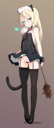 Rule 34 | 1girl, animal ears, black dress, blonde hair, blush, breasts, breath, brown background, cameltoe, cat ears, cat tail, cleft of venus, closed mouth, clothes lift, dress, dress lift, duster, full body, garter straps, green eyes, heart, heavy breathing, heinrike prinzessin zu sayn-wittgenstein, lifted by self, long hair, looking at viewer, maid, maid headdress, noble witches, panties, shimada fumikane, simple background, skirt, sleeveless, sleeveless dress, small breasts, smile, solo, standing, tail, thighhighs, underwear, white panties, world witches series