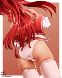 Rule 34 | 1girl, ass, cover, dr rex, from behind, kousaka tamaki, lace, lace-trimmed panties, lace trim, long hair, no pants, off shoulder, panties, pink panties, pink thighhighs, red hair, school uniform, serafuku, solo, thighhighs, to heart (series), to heart 2, underwear, undressing