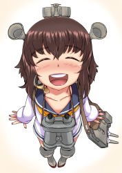Rule 34 | 10s, 1girl, bad id, bad pixiv id, bag, binoculars, blush, brown hair, closed eyes, dress, from above, happy, headgear, kantai collection, komusou (jinrikisha), looking up, open mouth, personification, sailor dress, short hair, shoulder bag, simple background, smile, solo, teeth, white background, yukikaze (kancolle)