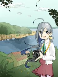 Rule 34 | 10s, 1girl, ahoge, bow, building, camera, cloud, ctyreht, day, flower, grey eyes, grey hair, hair ribbon, house, kantai collection, kiyoshimo (kancolle), long hair, open mouth, pantyhose, red skirt, ribbon, scenery, school uniform, skirt, sky, solo, twintails, water