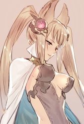 Rule 34 | 10s, 1girl, animal ears, backless outfit, breasts, brown eyes, erune, from side, granblue fantasy, light brown hair, light smile, lips, long hair, looking down, metera (granblue fantasy), natsuhiko, revealing clothes, sideboob, sidelocks, simple background, small breasts, solo, tsurime, twintails, two side up, upper body, very long hair