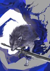 Rule 34 | absurdres, animal, black eyes, cloth, dark souls (series), dark souls i, great grey wolf sif, greatsword, grey background, highres, holding, holding sword, holding weapon, looking at viewer, mouth hold, nira (nira box), no humans, solo, sword, two-tone background, walking, weapon, white background, wolf