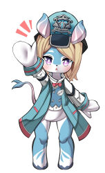 Rule 34 | 1girl, absurdres, akademiya uniform, animal ears, blonde hair, blush, elze (s01047480836), furry, furry female, genshin impact, gradient horns, hair between eyes, hat, highres, horns, korean commentary, long sleeves, looking at viewer, melusine (genshin impact), multicolored horns, open mouth, short hair, simple background, solo, tail, waving, white background