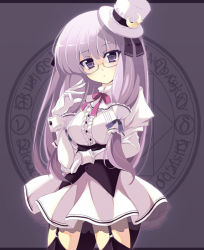Rule 34 | 1girl, alternate costume, bespectacled, black thighhighs, bow, female focus, garter belt, garter straps, glasses, gloves, gothic lolita, hat, lolita fashion, long hair, magic circle, mini hat, mini top hat, patchouli knowledge, pink bow, purple eyes, purple hair, ribbon, skirt, solo, thighhighs, tooya, top hat, touhou, touya (the-moon), wrist cuffs