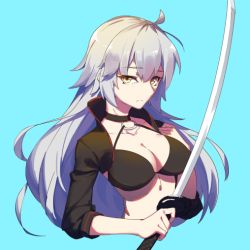 Rule 34 | 1girl, aqua background, bra, breasts, cleavage, cropped torso, fate/grand order, fate (series), hand on sword, holding, holding sword, holding weapon, jeanne d&#039;arc alter (swimsuit berserker) (fate), jeanne d&#039;arc (fate), jeanne d&#039;arc alter (fate), jeanne d&#039;arc alter (swimsuit berserker) (fate), long hair, looking at viewer, shrug (clothing), silver hair, simple background, solo, sword, underwear, weapon, yellow eyes, yueye (blbl-y)