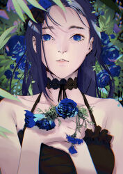 Rule 34 | 1girl, absurdres, bare shoulders, black choker, black dress, blue eyes, blue flower, blue hair, choker, chromatic aberration, collarbone, commentary, dress, flower, frilled dress, frills, hair flower, hair ornament, highres, holding, holding flower, igawa hikaru, lace-trimmed choker, lace trim, lips, long hair, looking at viewer, lying, on back, original, parted lips, rose, shadow, sidelocks, solo, spaghetti strap, upper body