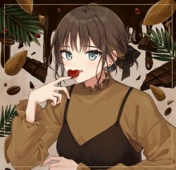 Rule 34 | 1girl, almond, berry, black ribbon, blue eyes, breasts, brown hair, candy, chocolate, chocolate heart, commentary request, dress, earrings, food, hair bun, hair ribbon, heart, highres, jewelry, long sleeves, looking at viewer, medium breasts, murata konomin, nut (food), original, parted lips, plant, ribbon, simple background, solo, upper body, valentine