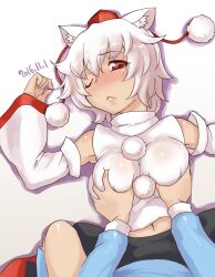 Rule 34 | 2girls, :&lt;, animal ear fluff, animal ears, bare shoulders, black skirt, blue footwear, blue shirt, blush, boots, grabbing another&#039;s breast, breasts, closed mouth, commentary request, cowboy shot, dated, detached sleeves, female pov, grabbing, groping, hat, highres, inubashiri momiji, kawashiro nitori, kei jiei, large breasts, long sleeves, looking at viewer, multiple girls, nose blush, one-hour drawing challenge, one eye closed, pom pom (clothes), pov, red eyes, shadow, shirt, short hair, skirt, sleeveless, sleeveless shirt, solo focus, tokin hat, touhou, turtleneck, white background, white hair, white shirt, white sleeves, wolf ears, wolf girl, yuri