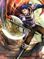 Rule 34 | 1boy, armor, axe, blue eyes, blue hair, cape, company connection, copyright name, fire emblem, fire emblem: the blazing blade, fire emblem cipher, gauntlets, hector (fire emblem), holding, holding weapon, male focus, matching hair/eyes, nintendo, open mouth, short hair, shoulder armor, smile, solo, pauldrons, wada sachiko, weapon