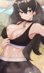 Rule 34 | 1girl, antlers, areola slip, armpits, black sports bra, blush, breasts, brown eyes, brown hair, choker, closed mouth, clothes pull, covered erect nipples, cowboy shot, day, dripping, dutch angle, flashing, hair between eyes, half-closed eyes, hanjuku choco-pai, highres, horns, kemono friends, large breasts, linea alba, long hair, looking at viewer, midriff, moose (kemono friends), navel, outdoors, outstretched arm, pants, pulling own clothes, savannah, seductive smile, skindentation, smile, solo, sports bra, sports bra pull, sportswear, steaming body, stomach, sweat, tail, teasing, toned, unaligned breasts, very long hair, yoga pants
