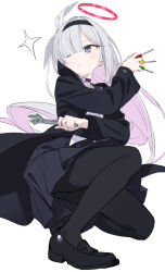 Rule 34 | 1girl, absurdres, black choker, black coat, black footwear, black hairband, black pantyhose, black skirt, blue archive, blush, choker, closed mouth, coat, colored inner hair, grey eyes, grey hair, hair over one eye, hairband, halo, highres, holding, holding wrench, long hair, multicolored hair, nanmo (nanmokamo), pantyhose, pink hair, plana (blue archive), pleated skirt, red halo, shoes, simple background, skirt, solo, very long hair, white background, wrench