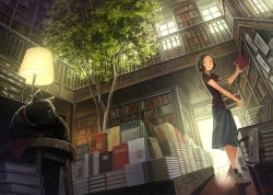 Rule 34 | 1girl, ankle socks, bare shoulders, black cat, black hair, black shirt, book, book stack, bookshelf, brown eyes, cat, desk lamp, dress, dutch angle, from below, green skirt, hair ornament, hairclip, highres, holding, holding book, indoors, lamp, leaf, library, light, long skirt, looking afar, looking to the side, open mouth, original, plant, potted plant, railing, shelf, shirt, shoes, short sleeves, skirt, sleeveless, sleeveless shirt, sneakers, socks, solo, standing, tree, yoshida seiji
