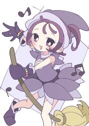 Rule 34 | 1girl, :d, absurdres, blush, broom, commentary request, dress, foot out of frame, gloves, hat, highres, holding, holding broom, looking at viewer, magical girl, musical note, ojamajo doremi, one side up, open mouth, outstretched arm, pointy footwear, purple dress, purple eyes, purple footwear, purple gloves, purple hair, purple hat, ranirani (syohousen8), segawa onpu, short hair, smile, solo, standing, witch hat