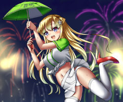 Rule 34 | 1girl, alternate costume, blonde hair, blue eyes, blush, breasts, double bun, fireworks, fletcher (kancolle), hair bun, hair ornament, kantai collection, large breasts, long hair, mayura (lucadia), navel, night, night sky, open mouth, panties, pantyshot, pleated skirt, red footwear, shirt, shoes, short sleeves, skirt, sky, smile, solo, star (symbol), star hair ornament, thighhighs, umbrella, underwear, white thighhighs
