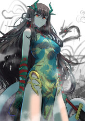 Rule 34 | 1girl, arknights, black hair, breasts, closed mouth, colored skin, commentary, covered navel, cowboy shot, dragon, dragon girl, dragon horns, dragon print, dragon tail, dress, dusk (arknights), dusk (everything is a miracle) (arknights), earrings, english commentary, expressionless, gradient skin, green dress, green horns, green skin, hair between eyes, highres, holding, holding sword, holding weapon, horns, ink, jewelry, long hair, looking at viewer, medium breasts, neck tassel, official alternate costume, pelvic curtain, red eyes, samacho, side slit, sidelocks, simple background, sleeveless, sleeveless dress, solo, standing, steam, sword, tail, tassel, tassel earrings, taut clothes, taut dress, turtleneck, turtleneck dress, very long hair, weapon, white background