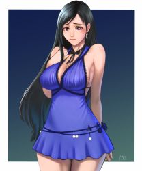 Rule 34 | 1girl, 5tatsu, arm behind back, artist name, asymmetrical bangs, bare arms, black hair, blue background, blue dress, blush, border, breasts, brown eyes, choker, cleavage, cowboy shot, crescent, crescent earrings, dress, earrings, final fantasy, final fantasy vii, final fantasy vii remake, gradient background, hand on own chest, highres, jewelry, large breasts, lingerie, long hair, looking at viewer, negligee, official alternate costume, ribbon choker, solo, square enix, tifa lockhart, tifa lockhart (refined dress), underwear, wall market