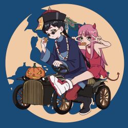 Rule 34 | 1boy, 1girl, bead necklace, beads, black hair, boots, braid, car, chinese clothes, choker, commentary, demon girl, demon horns, demon tail, double v, dress, food, grey eyes, hat, hat feather, holding, holding food, horns, jack-o&#039;-lantern, jewelry, kiunchiku, long hair, motor vehicle, mouth hold, necklace, ofuda, original, pink hair, qingdai guanmao, red choker, red dress, red horns, riding, single braid, smile, spotlight, sunglasses, tail, v