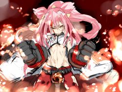 Rule 34 | 1girl, bell, belt, blazblue, bleeding, blood, blood on face, breasts, expressionless, fighting stance, gauntlets, injury, kokonoe (blazblue), long hair, looking at viewer, midriff, morikawa (futomayu), navel, pants, petite, pink hair, ponytail, red pants, slit pupils, small breasts, solo, torn clothes, yellow eyes