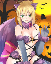 Rule 34 | 1girl, ahoge, animal ears, arm up, artoria pendragon (all), artoria pendragon (fate), belt, bikini, blonde hair, braid, breasts, elbow gloves, eyebrows hidden by hair, fake animal ears, fake tail, fate/grand order, fate (series), gloves, green eyes, halloween, halloween costume, highres, looking at viewer, mash kyrielight, mash kyrielight (dangerous beast), official alternate costume, open mouth, pumpkin, saber (fate), sii artatm, sitting, solo, swimsuit, tail, underwear