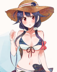 Rule 34 | 10s, 1girl, adapted costume, alternate costume, bikini, breasts, chestnut mouth, cleavage, hair flaps, hair ornament, hat, itomugi-kun, kantai collection, low twintails, machinery, open mouth, purple hair, red eyes, sarong, solo, sun hat, swimsuit, taigei (kancolle), twintails, whale, whale hair ornament