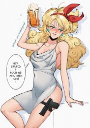 Rule 34 | 1girl, absurdres, alcohol, beer, blonde hair, blush, breasts, dragon ball, drunk, earrings, female focus, green eyes, gun, highres, hydedrogen, jewelry, long hair, lunch (dragon ball), small breasts, solo, speech bubble, weapon