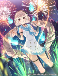 Rule 34 | :d, aerial fireworks, black choker, blue fire, blue sailor collar, blush, breasts, brown hair, building, cardfight!! vanguard: overdress, character request, choker, collarbone, copyright notice, dress, feet out of frame, fire, fireworks, grey socks, hair between eyes, hands up, hitodama, holding fireworks, kneehighs, long hair, looking at viewer, low twintails, maid headdress, night, night sky, official art, open mouth, outdoors, pleated dress, red eyes, sailor collar, sailor dress, sky, sleeveless, sleeveless dress, small breasts, smile, socks, sparkler, standing, twintails, very long hair, white dress, yoshino ryou