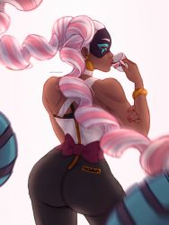 Rule 34 | 1girl, absurdres, arms (game), ass, bad id, bad twitter id, black bra, bow, boxing gloves, bra, bracelet, choker, commentary, contrapposto, criss-cross halter, cup, dark-skinned female, dark skin, domino mask, drill hair, drinking, earrings, english commentary, fingernails, from behind, green eyes, halterneck, highres, incoming attack, jewelry, leaf earrings, lipstick, long hair, looking back, makeup, mask, multicolored hair, nail polish, nose, persy, prehensile hair, purple bow, solo, standing, streaked hair, teacup, toned, twin drills, twintails, twintelle (arms), two-tone hair, underwear, very dark skin, very long hair, white background, white choker, white hair, zipper