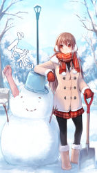 Rule 34 | 1girl, ankle boots, arm support, black pantyhose, boots, breath, brown hair, bucket, coat, comic, earmuffs, fur boots, highres, long hair, mittens, original, outstretched arm, pantyhose, paper, red eyes, red mittens, scarf, shovel, skirt, smile, snow, snowman, solo, tree, worktool, yatsuashi matomo